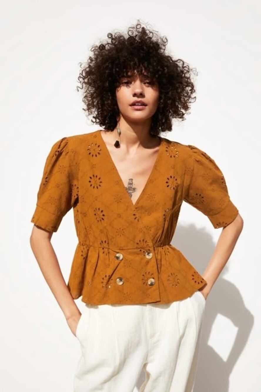 2 FOR $30 | Zara Burnt Orange Eyelet Wrap Peplum Top Small Cottagecore 70s Retro